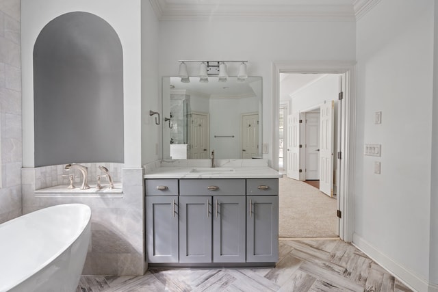 bathroom with plus walk in shower, crown molding, parquet flooring, and vanity