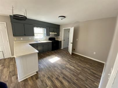 kitchen featuring kitchen peninsula, dark wood-type flooring, range, and sink