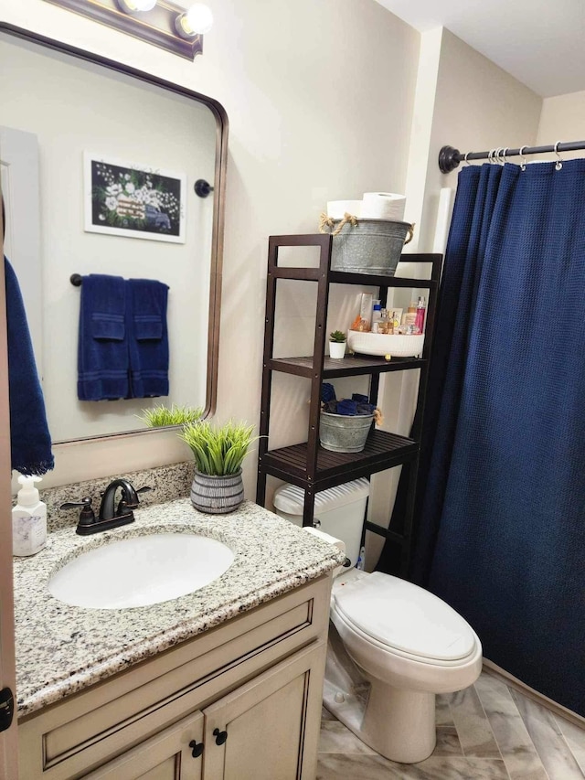 bathroom featuring vanity, toilet, and a shower with curtain