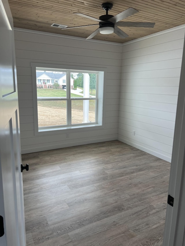 unfurnished room with a ceiling fan, wooden ceiling, and wood finished floors