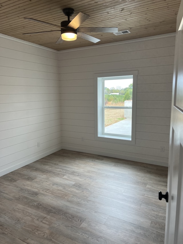 spare room featuring hardwood / wood-style flooring, wooden ceiling, and ceiling fan