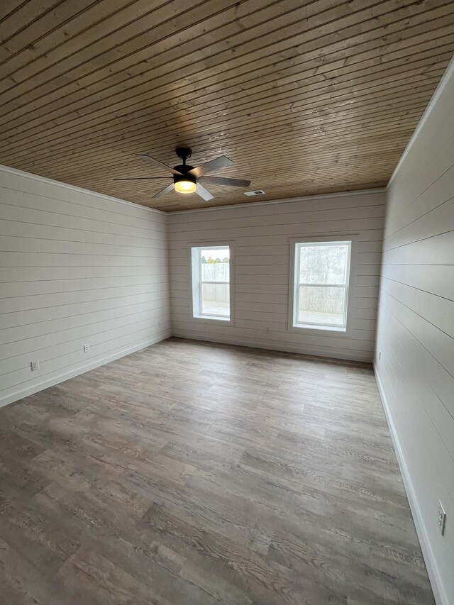 spare room featuring wooden ceiling, hardwood / wood-style flooring, ceiling fan, and wood walls