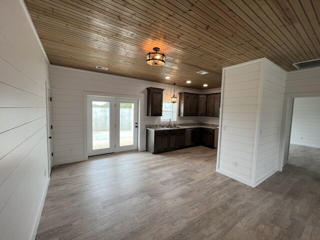 kitchen with sink, light hardwood / wood-style flooring, and wood ceiling