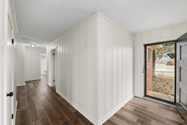 hall featuring hardwood / wood-style flooring and crown molding