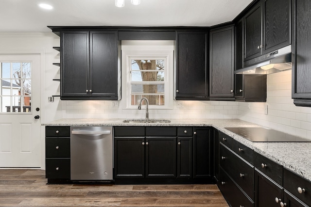 kitchen featuring black electric stovetop, stainless steel dishwasher, backsplash, and dark wood-type flooring