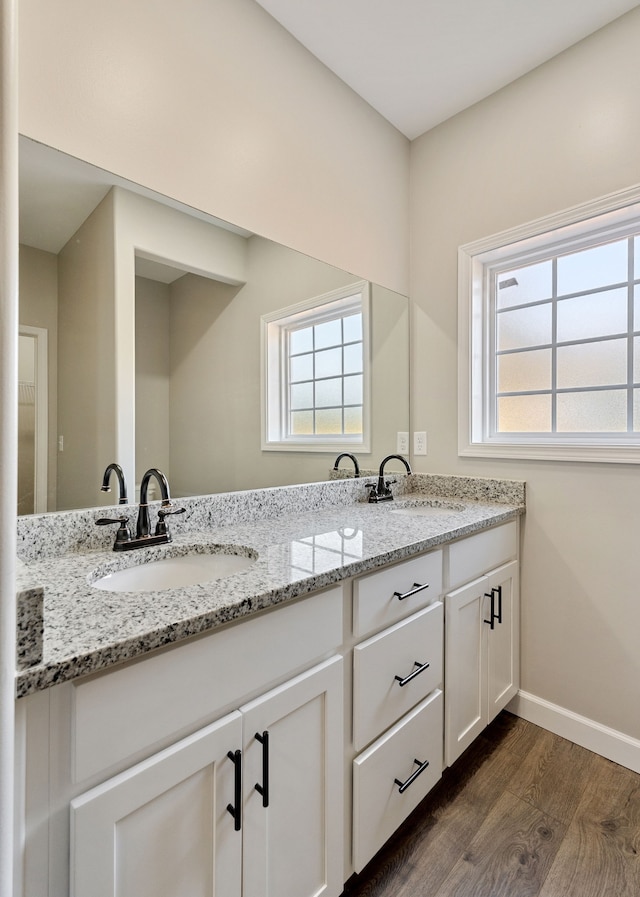 bathroom with vanity, wood-type flooring, and a healthy amount of sunlight