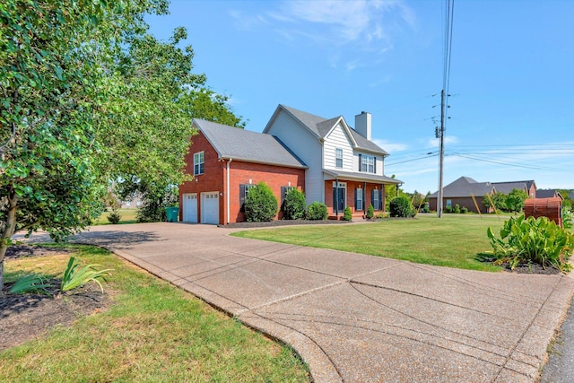 view of front of home with a chimney, a front lawn, concrete driveway, a garage, and brick siding