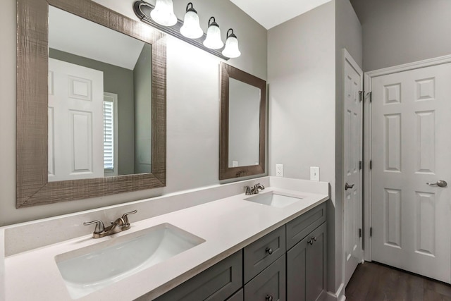 full bath featuring a sink, wood finished floors, and double vanity