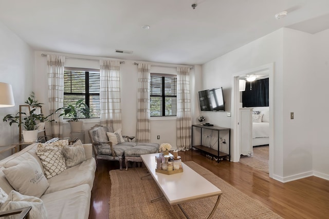 living room with a healthy amount of sunlight and hardwood / wood-style flooring