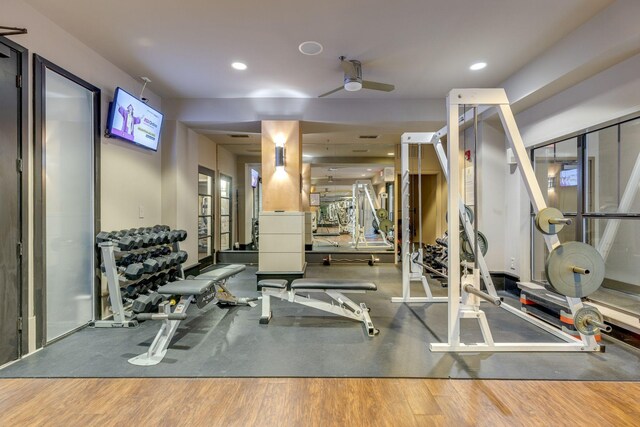 workout area featuring ceiling fan and hardwood / wood-style floors