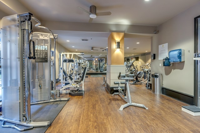 exercise room featuring ceiling fan and wood-type flooring