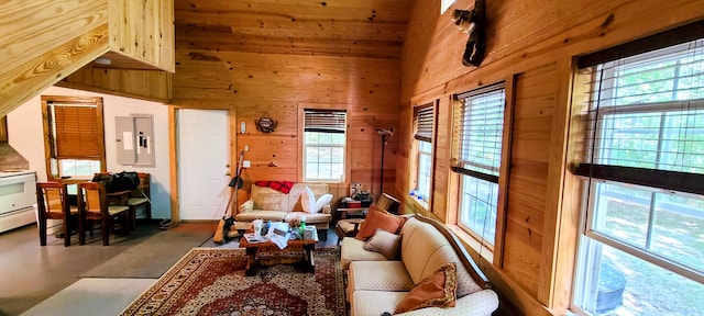 living room with wood walls, carpet floors, high vaulted ceiling, and electric panel