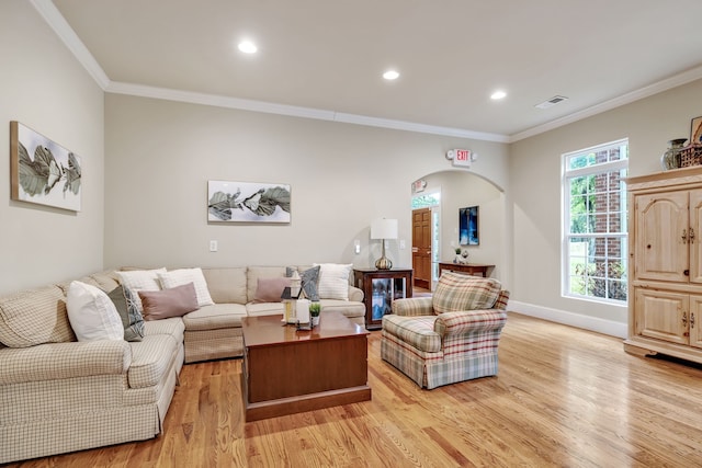 living room with light hardwood / wood-style flooring and crown molding