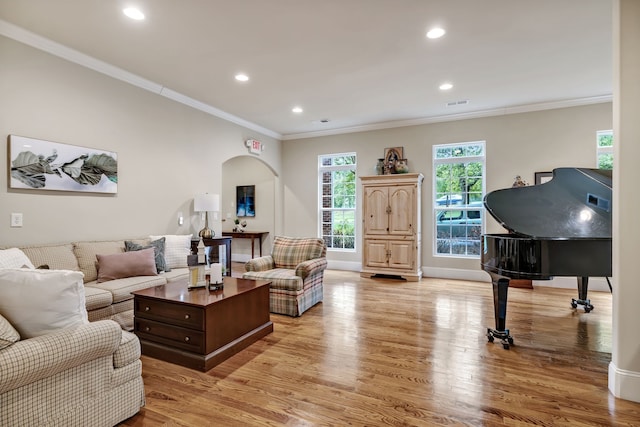 living room featuring ornamental molding and light wood-type flooring