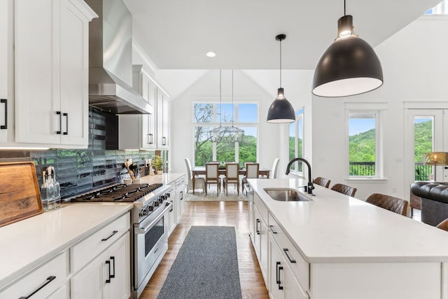 kitchen featuring sink, decorative backsplash, range hood, stove, and a center island with sink