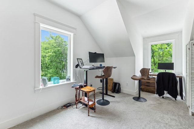 office space featuring carpet flooring and lofted ceiling