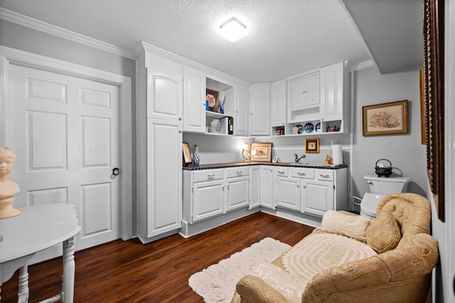 kitchen featuring dark wood-style floors, dark countertops, white cabinets, and open shelves