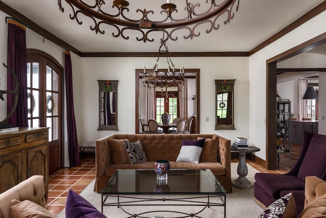 living room featuring ornamental molding, arched walkways, french doors, and tile patterned floors