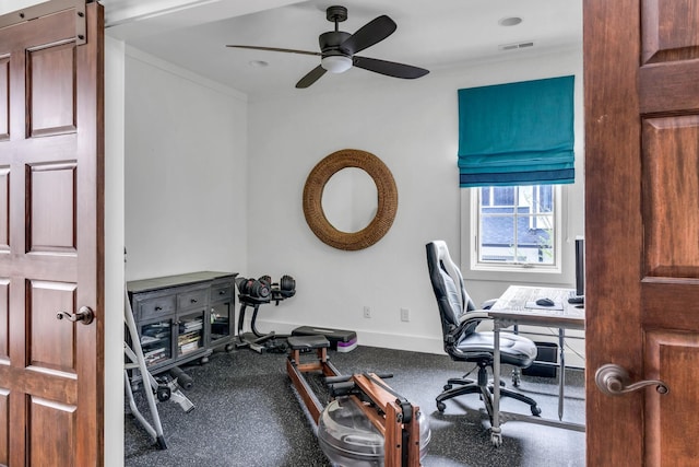 office area featuring baseboards, visible vents, and a ceiling fan