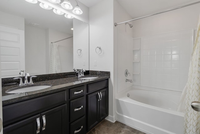 bathroom with vanity, shower / bath combo with shower curtain, and tile patterned floors