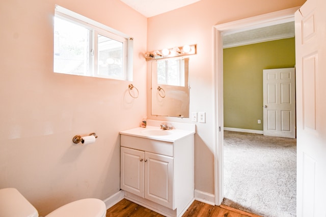 bathroom featuring vanity, toilet, and hardwood / wood-style flooring