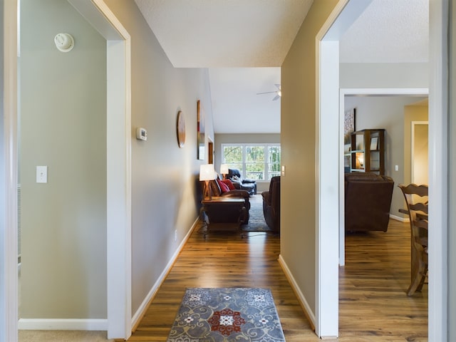 hallway with lofted ceiling and hardwood / wood-style floors