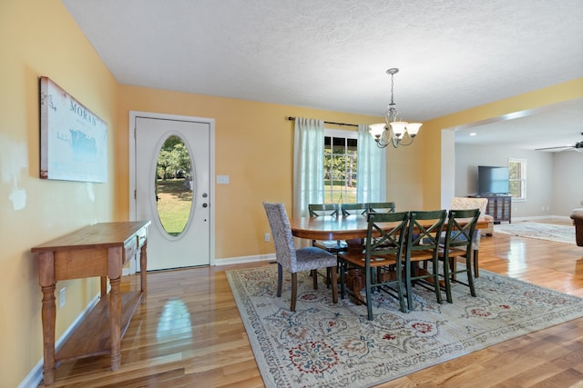 dining space featuring light wood-type flooring, ceiling fan with notable chandelier, a textured ceiling, and a healthy amount of sunlight