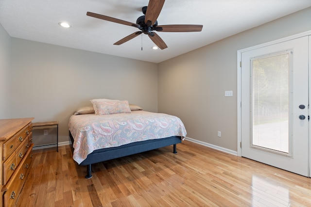 bedroom featuring ceiling fan and light wood-type flooring