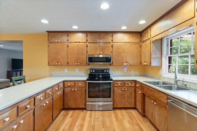 kitchen with light hardwood / wood-style floors, appliances with stainless steel finishes, and sink