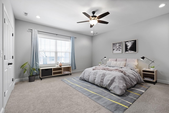 carpeted bedroom with baseboards, visible vents, ceiling fan, and recessed lighting