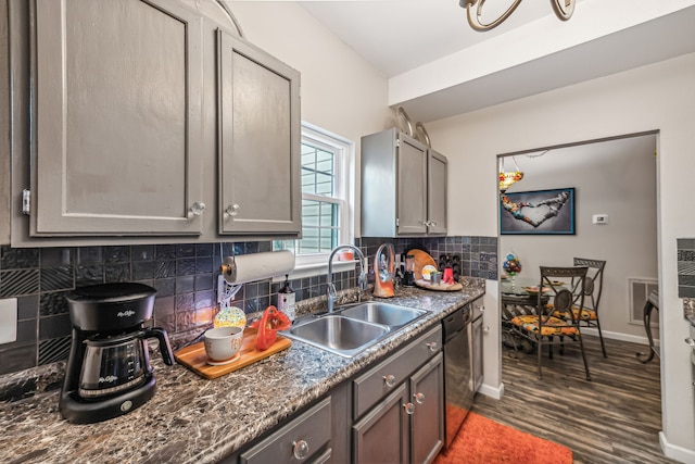 kitchen with sink, dark hardwood / wood-style flooring, gray cabinets, and backsplash