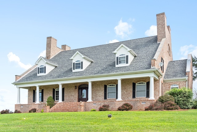 new england style home with a porch and a front yard