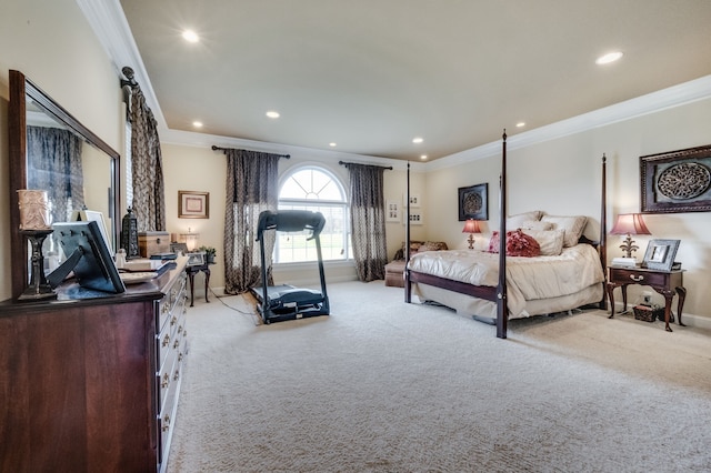 bedroom featuring crown molding and light colored carpet