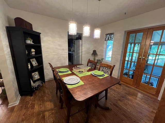 dining space with french doors, dark wood-type flooring, and a healthy amount of sunlight