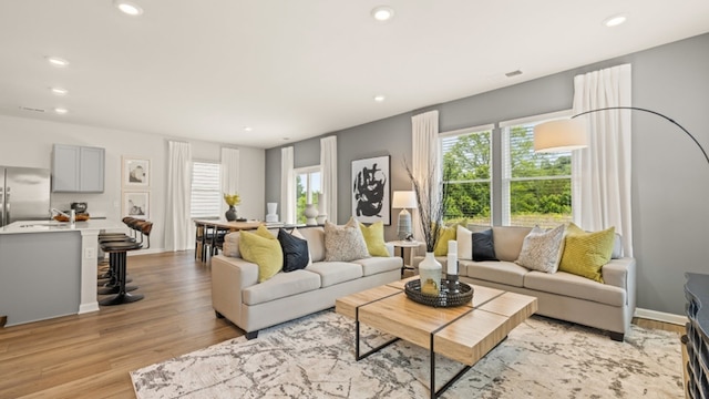 living room with sink and light hardwood / wood-style flooring