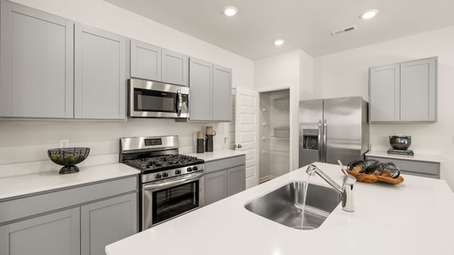 kitchen with appliances with stainless steel finishes, sink, and gray cabinets