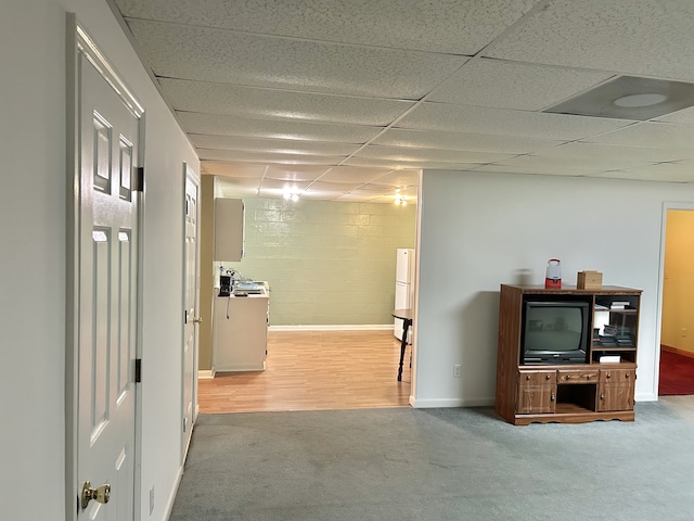 basement featuring hardwood / wood-style flooring and a drop ceiling