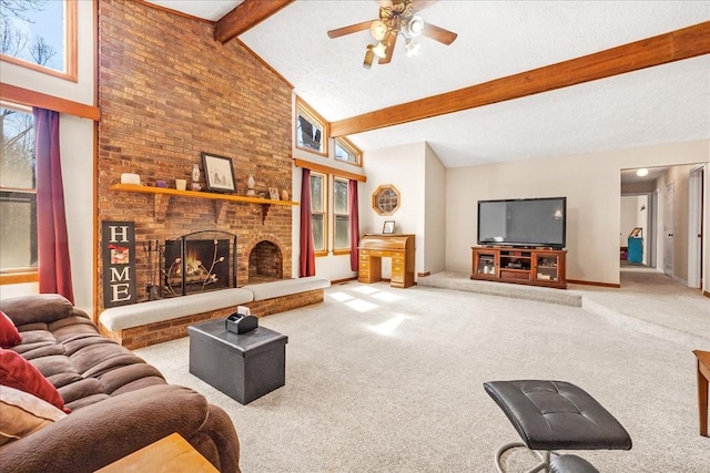 carpeted living area featuring beamed ceiling, a fireplace, a textured ceiling, high vaulted ceiling, and a ceiling fan