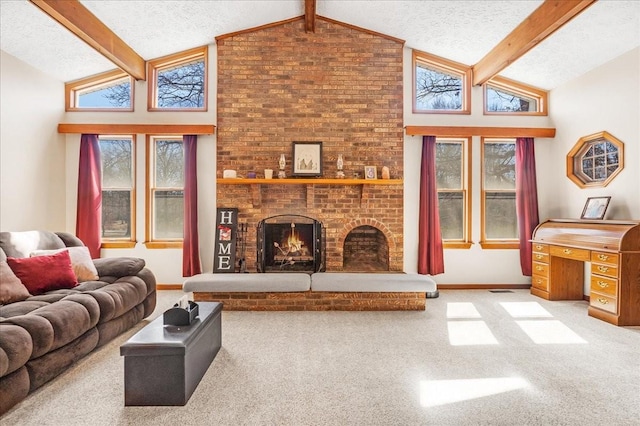 carpeted living area with high vaulted ceiling, beam ceiling, a textured ceiling, and a fireplace