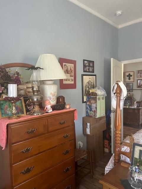 bedroom featuring dark wood-style flooring and crown molding