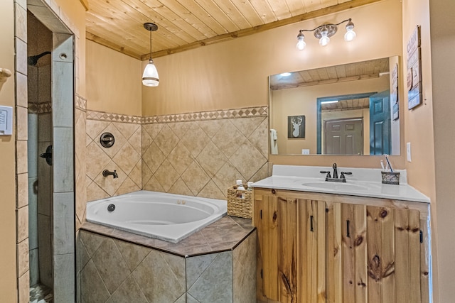 bathroom with vanity, shower with separate bathtub, and wooden ceiling