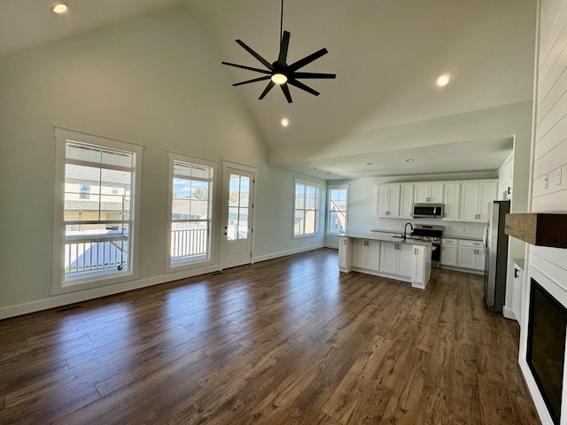 kitchen featuring high vaulted ceiling, white cabinets, ceiling fan, appliances with stainless steel finishes, and dark hardwood / wood-style flooring