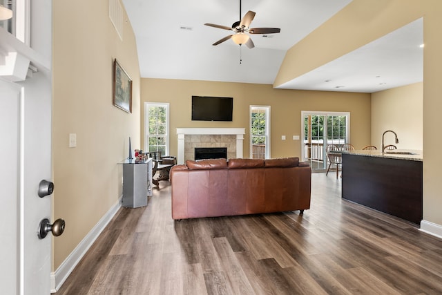 living room featuring a tiled fireplace, dark hardwood / wood-style flooring, and a wealth of natural light