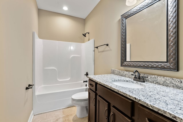 full bathroom with shower / tub combination, vanity, and toilet