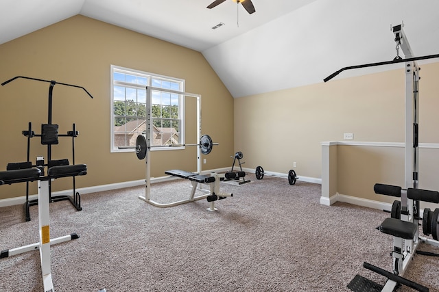 exercise area featuring ceiling fan, carpet floors, and lofted ceiling