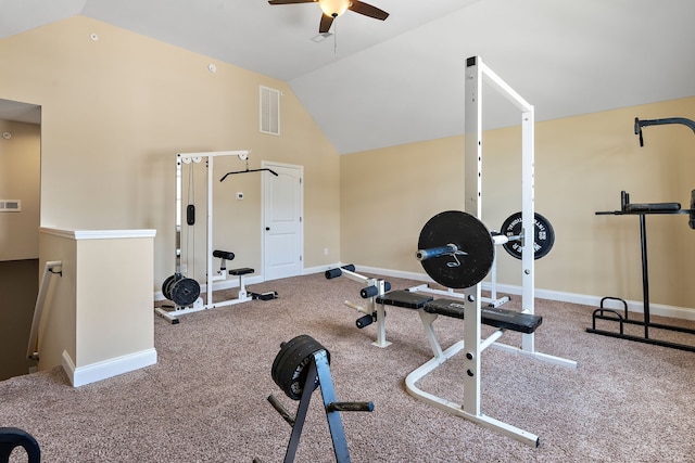 workout area featuring lofted ceiling, carpet flooring, and ceiling fan