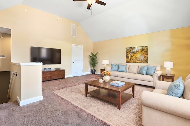 living room with ceiling fan, light colored carpet, and high vaulted ceiling