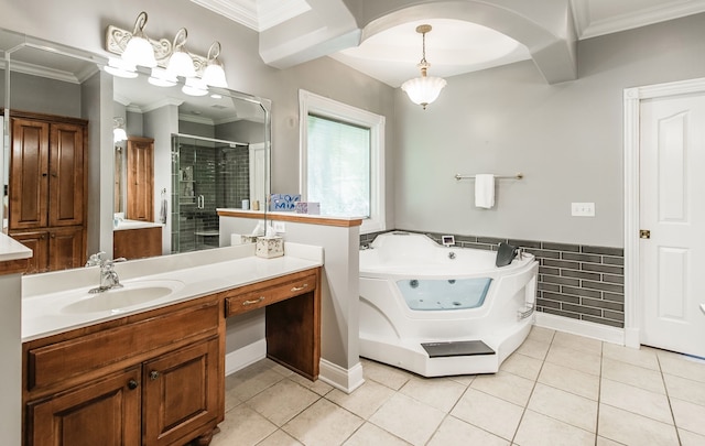 bathroom with vanity, ornamental molding, independent shower and bath, and tile patterned floors