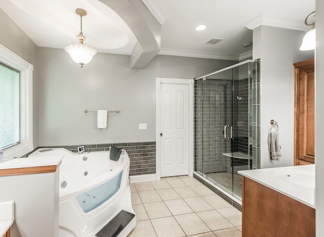 bathroom with crown molding, vanity, independent shower and bath, and tile patterned floors