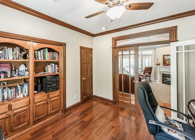 office with crown molding, french doors, ceiling fan, and dark hardwood / wood-style floors